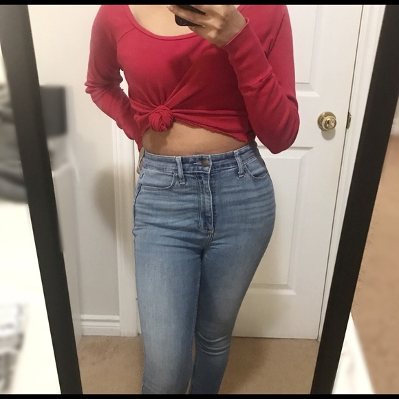 Red Long Sleeve Crop Top - Picture 3 of 4